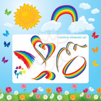Different shapes of rainbows, clouds, sun, butterflies and flowers. Set of summer time elements for design.
