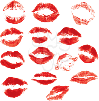 Set of beautiful red lips print on isolated white background 