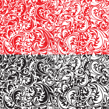 Set of swirl ornamental seamless patterns in white, red and black colors.