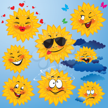 Set of cute cartoons of sun with different expressions and emotions. Design for travel and summer holiday.