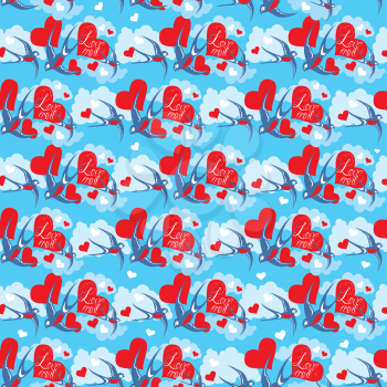 Seamless pattern with swallows and hearts on sky background with clouds Valentine`s Day or Wedding design