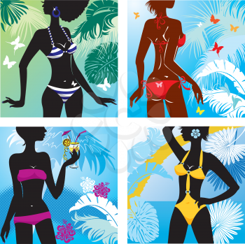 Set of Woman silhouettes in bikini and monokini swimwear at tropical beach with palm tree leaves and butterflies on background
