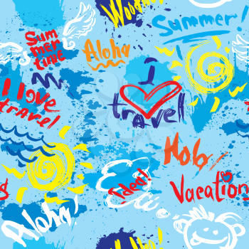 Seamless pattern with blots, ink splashes and hand written text VACATIONS, I love travel, Welcome, etc. Abstract background for travel, summer, vacations design. Ready to use as swatch.