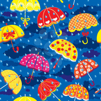seamless pattern with colorful umbrellas, clouds and rain drops on blue sky background.