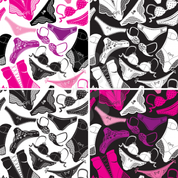 Set of seamless patterns - Silhouettes of glamor underclothes and accessories. Sexy lingerie background for fashion or retail design.  Ready to use as swatch.