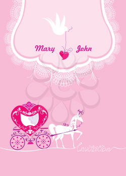 Pink Greeting Card with a lace ornament. Floral Background with white dove, horse and carriage. Invitation - hand drawn text.