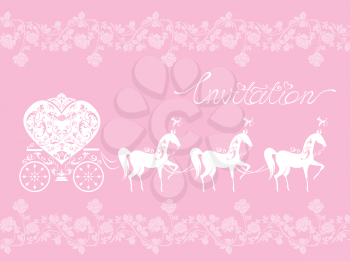 Pink Greeting Card with a lace ornament. Floral Background with white horses and carriage. Invitation - hand drawn text.