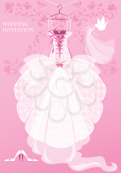 Wedding Dress, shoes and bridal veil on pink background. Wedding invitation card. 