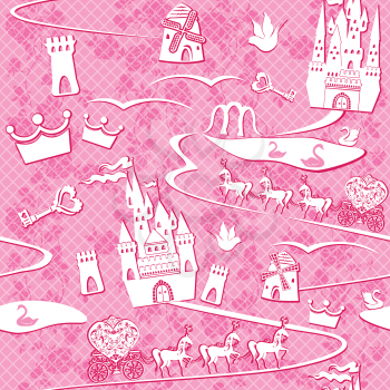 seamless pattern with fairytale land - castles, lakes, roads, mills,carriages and horses - Pink princess background