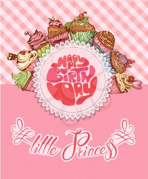 Happy birthday, little princess - holiday card for girl with pancakes on pink background.