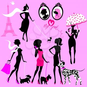 Set of black silhouettes of fashionable girls with their pets - dogs (Dalmatian, terrier, poodle, chihuahua) on a pink background 
