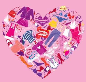 I Love Shopping image, the heart is made of different female fashion accessories and glamor clothes