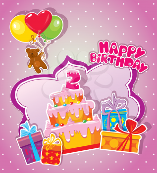 Baby birthday card with teddy bear, big cake and gift boxes. Two years anniversary