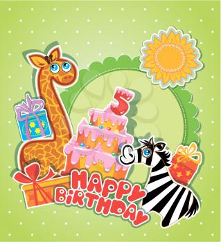 Baby birthday card with girafe and zebra, big cake and gift boxes. Five years anniversary