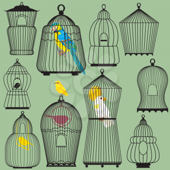 Set of decorative bird cage Silhouettes and birds - parrots and canary