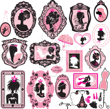 Set of glamour girl portraits  - black silhouettes. Princess accessories and furniture.