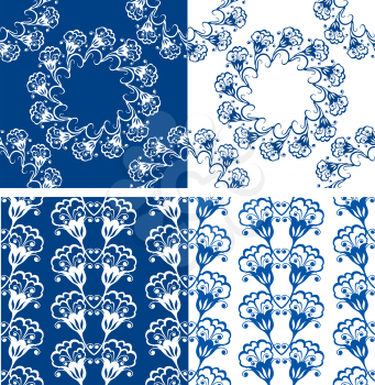 Set of Seamless blue color floral patterns. Ornamental Background. 