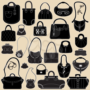 Set of woman bags and handbags. Black and white colors  objects.