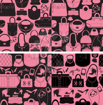 Set of seamless patterns with woman bags and handbags. Ready to use as swatch