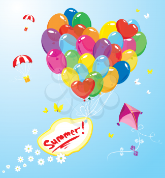 Image with colorful balloons in heart shape and banner with word SUMMER, parachutes,  kite and butterflies on sky blue background. 