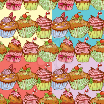 set of seamless patterns with decorated sweet cupcakes - background for cafe, menu, birthday design, etc.