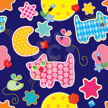 Seamless pattern - sweet dreams - cat, mouse, stars and moon are made of fabric  - childish background