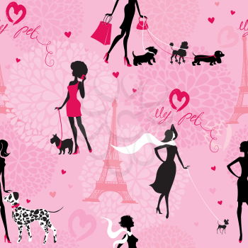 Seamless pattern with black silhouettes of fashionable girls with their pets - dogs (Dalmatian, dachshund, terrier, poodle, chihuahua) on a pink floral background. Ready to use as swatch