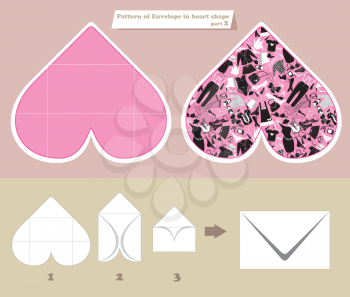 Template and scheme of envelope in heart shape. Pattern with women accessories and clothes. Elements for shop and sale design