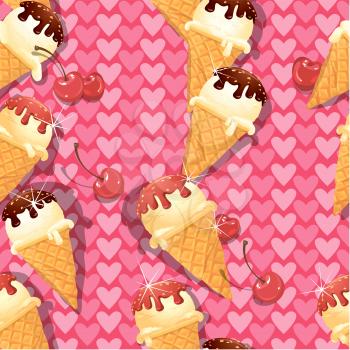 Seamless pattern with Vanilla Ice cream cones with Chocolate and strawberry glaze and cherry berries on pink background with hearts.