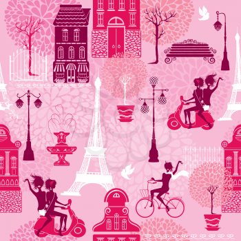 Seamless pattern with girls riding on scooter and bicycle, houses silhouettes and town landscape with Effel Tower on a pink floral background.  Ready to use as swatch