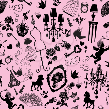 Seamless pattern with glamour accessories, furniture, girl portrait and dogs - black silhouettes on pink background. Ready to use as swatch. 