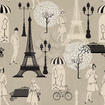 Seamless pattern - Effel Tower, street lights, old fashioned girls  - Background for fashion or retail design in vintage style.