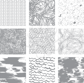 Set of 9 seamless patterns in grunge style. Ready to use as swatch. 