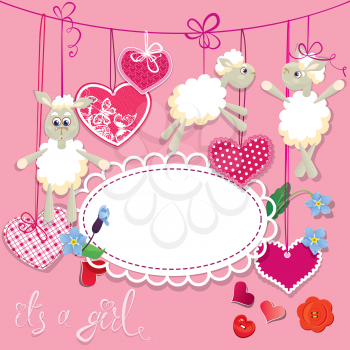 Pink baby shower card with sheep and hearts - design for girls. Birthday Invitation with handwritten text It`s a girl. 