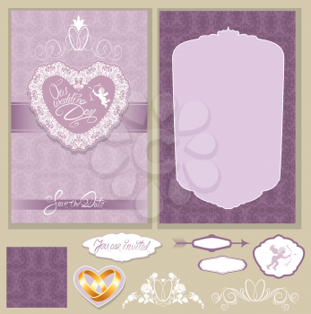 Set of Wedding invitation cards with floral elements, wedding rings, background ornamental patterns, vignettes, frames.