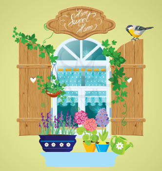 Window and flowers in pots, tomtit bird and handwritten text Home, Sweet Home. Summer or spring season.