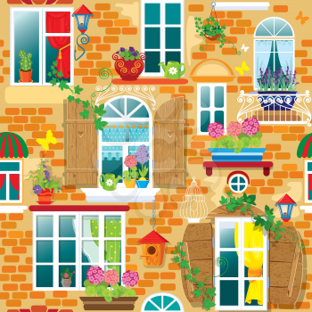 Seamless pattern with Windows and flowers in pots. Summer or spring season. Ready to use as swatch
