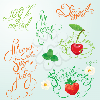 Collection of organic and juice signs, elements, calligraphic phrases: 100% natural, always sweet and juice, all organic, strawberry, sweet cherry, etc.