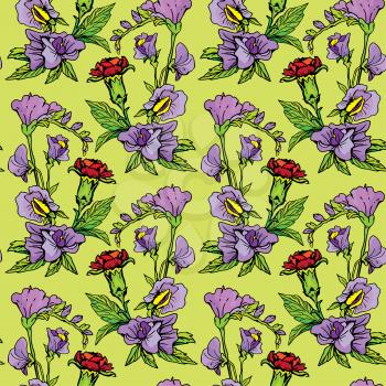 Seamless pattern with Realistic graphic flowers - clove and sweet pea - hand drawn background.