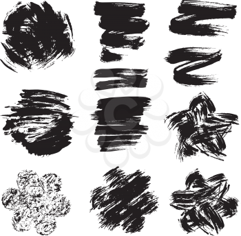 Set of  grunge black color figures - circles, hearts, lines, flowers. Isolated on white background.