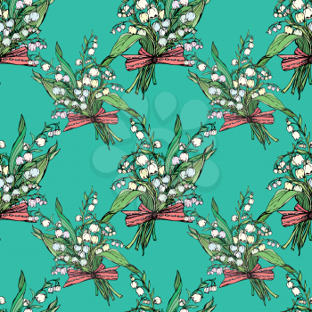 Seamless pattern with Lily of the valley - vintage engraved illustration of spring flowers on blue background