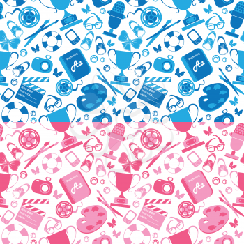 Set of seamless patterns in pink and blue colors with childrens hobby, school things.