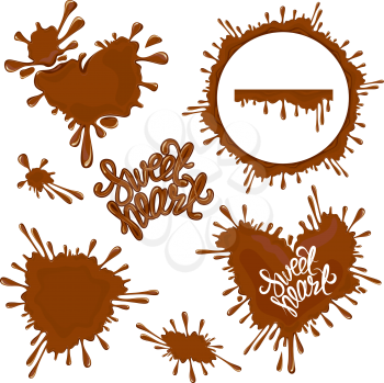 Set of Chocolate splashes, hearts, circle, drops, handwritten words Sweet Heart, isolated on white, abstract background.
