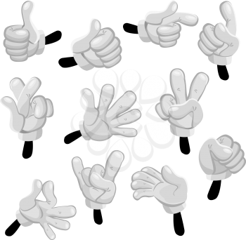 Illustration of hands cartoons with different gestures, isolated on white background.