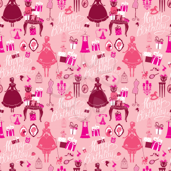 Holiday Seamless pattern for girls. Princess Room - glamour accessories, gift boxes, pictures. Princess - silhouettes on pink background. Handwritten calligraphic text Happy Birthday. 