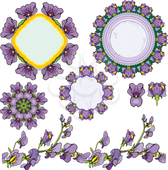 Set of ornaments - circle frames, floral borders with iris flowers.