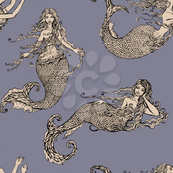 Seamless pattern with Beautiful mermaid girls. Hand drawn Illustration. Fairy tale background