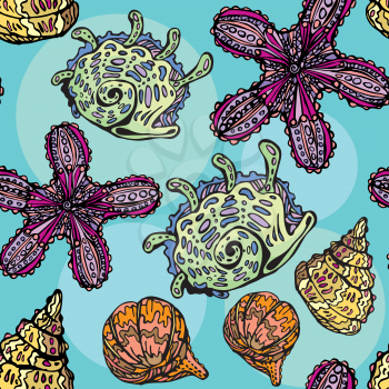 Seamless background with sea life - pattern with shells and sea stars. Handdrawn picture.