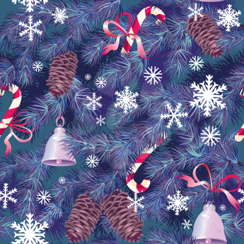 Christmas and New Year background in blue colors - fir tree texture with x-mas accessories and snowflakes - seamless pattern. 