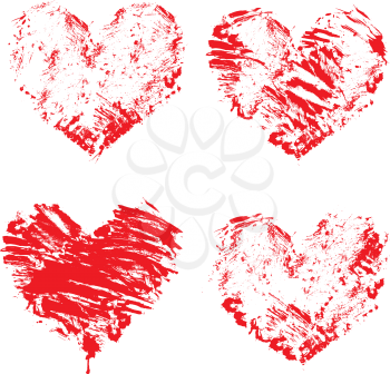 Set of grunge red color figures - hearts. Isolated on white background. Elements for love cards, wedding invitations, Valentines Day holidays design.
